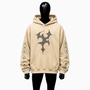 Sudadera con Capucha Extra Grande Beige Personalizada con Diseño de Cruz Gótica con Tachuelas y Adornos de Diamantes de Imitación, Sudadera Estilo Streetwear para Hombre - Product Image 1