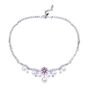 Mogappu Stainless Steel Diamond Pearl Flower Chain Necklace for Wedding Party Gift - Product Image 3