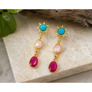 Gold Plated Multi Gemstone Dangle <b>Earrings</b> for Women <b>Turquoise</b> Rose Quartz & Ruby Hydro Bezel Set Statement <b>Earrings</b> - Product Image 3