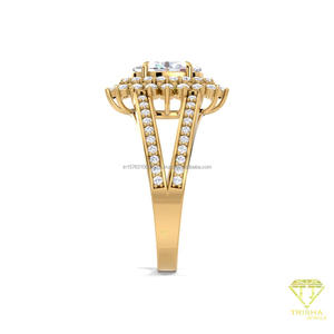 แหวนหมั้นเพชรโมอิสซาไนต์ทรงรีแบบดับเบิ้ลฮาโล ตัวเรือนทองคำขาว 14K ดีไซน์ก้านแหวนแยกแบบวินเทจประดับดอกไม้ - Product Image 2