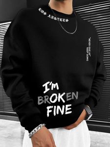 Pull décontracté pour homme noir à col montant et quart de zip imprimé « I'm Broken Fine », coupe régulière, respirant, 100 % polyester, idéal pour l'automne - Product Image 1