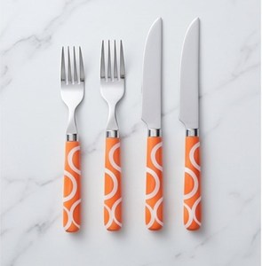 Ensemble de couverts modernes à poignée orange avec motif blanc, compatibles lave-vaisselle, pour fêtes et repas - Product Image 1