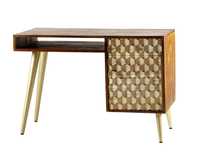 Bureau d'écriture en bois massif de style moderne du milieu du siècle, avec tiroir sculpté en 3D et pieds en métal.