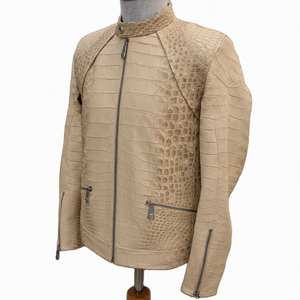 Men's Beige Embossed PU Leather Moto <b>Biker</b> <b>Jacket</b> Stand Collar Zipper Closure Solid Color Regular Fit Autumn Wear - Product Image 1