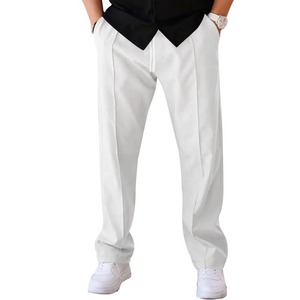 Men's Beige Pleated Casual <b>Trousers</b> <b>Elastic</b> <b>Waist</b> Cotton Oxford Fabric Spring Wear Breathable Midweight Straight Fit Pants - Product Image 4