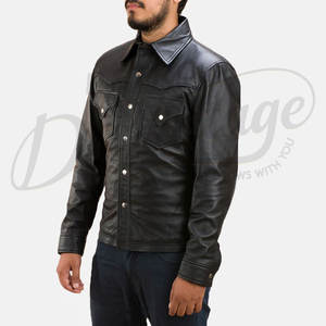 Chaqueta Trucker de Cuero Genuino Negro Premium para Hombre - Abrigo Estilo Western de Piel de Oveja Genuina con Corte Ajustado y Botones a Presión - Product Image 3