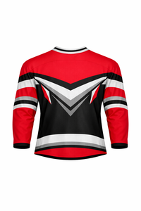 Jersey de Hockey sobre Hielo para Hombre, Rojo y Negro a Rayas, Manga Tres Cuartos, Cuello Redondo, Absorbe la Humedad, Sublimado - Product Image 1