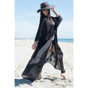 Robe de plage en mousseline de soie noire transparente pour femme, kaftan léger, robe de plage pour l'été - Product Image 2