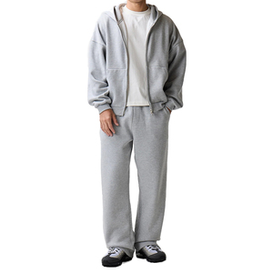 Men's Gray Hooded Zip-Up <b>Tracksuit</b> Set Full Length Loose Fit Cotton Sweatshirt Pants Casual Autumn Wear Solid Color Side Pockets - Product Image 1