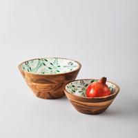 Bol de service artisanal en bois d'acacia avec impression émaillée, vaisselle en bois écologique