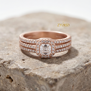 แหวนแต่งงานหรูหรา ชุบเงิน ประดับเพชรทรง Asscher ขนาด 0.95 กะรัต เพชรเลี้ยงในห้องปฏิบัติการ ดีไซน์วงแหวน 3 ชิ้นแบบ Halo พร้อมแหวนแต่งงานแบบ Pave เหมาะสำหรับเป็นของขวัญในงานปาร์ตี้ - Product Image 2
