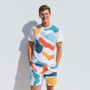 Ensemble décontracté pour homme, t-shirt et short imprimés, 2 pièces, été, coton, col rond, respirant, tricoté - Product Image 1
