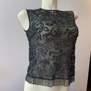 Women Sleeveless Beaded <b>Tank</b> <b>Top</b> Floral <b>Lace</b> Blouse with Fringe Hem Scoop Neck Clubwear Polyester Satin Short - Product Image 2