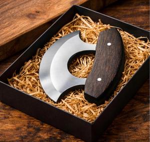Hand Carved Stainless Steel Viking Style Pizza Cutter with Burnt Wood Handle Ulu Knife Design for Restaurant Use - Product Image 1
