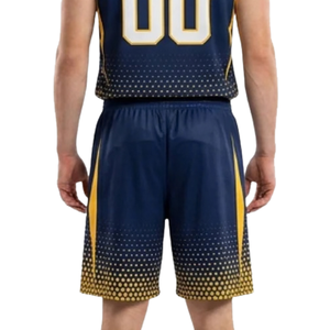 Ensemble d'uniformes de basketball personnalisés pour hommes, bleu marine et or, maillot sans manches à col en V, short, imprimé à pois dégradé, nom et numéro de l'équipe, kits en gros - Product Image 6