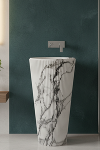 Lavabo de Pedestal de Mármol Blanco Facetado, Fregadero de Piedra para Encimera, Diseño Vertical Moderno, Ecológico, para Uso en Almacenes, Incluye Desagüe - Product Image 3