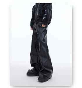 High Waist PU Midweight Winter Wide Leg Pants Streetwear Loose Fit Full Length Solid Color with <b>Belt</b> Decoration - Product Image 1