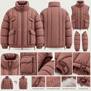 Veste matelassée convertible pour homme, couleur rose poussière, manches amovibles, multi-poches, isolée, pour l'hiver et les activités de plein air - Product Image 5