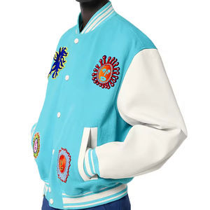 Veste universitaire bleu clair personnalisée pour homme, avec broderie et patchs, manches en cuir blanc, style bomber de baseball, veste tendance - Product Image 6