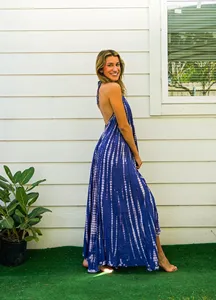 Robe longue décontractée pour femme, style bohème, bleu marine, en rayonne, tie-dye, col en V, fluide, sans manches, pour les vacances - Product Image 4