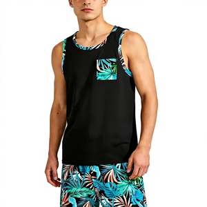 Men's Tropical Plant Print Casual Two-Piece Loungewear Set with Black Panel Tank Top Print Shorts 100% Cotton Quick Dry Summer - Product Image 1