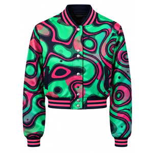 Green Pink Geometric Print Varsity <b>Jacket</b> Women's <b>Short</b> Crop Bomber Coat Full <b>Sleeve</b> Turn-down Collar Polyester Autumn Style - Product Image 2