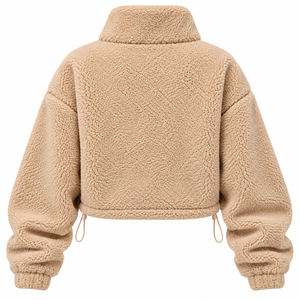 <b>Beige</b> Cropped Sherpa Fleece Zip-Up <b>Jacket</b> with Stand Collar Pockets Unisex Oversized Casual Winter Wear OEM Service 100% Cotton - Product Image 2