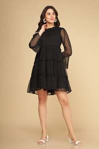 Minivestido de Gasa Negra con Manga con Volantes y Dobladillo en Capas, Silueta en A, Ideal para Fiestas de Verano, Hermoso Vestido Elegante - Product Image 3