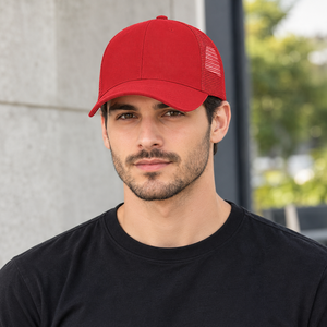 Casquette de baseball unisexe rouge à 6 panneaux en maille respirante avec visière incurvée et réglable - Product Image 3