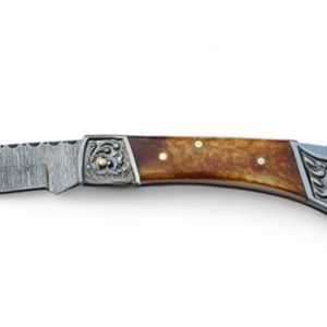 Custom <b>Outdoor</b> Folding Knives with Patterned Blade Ornamental Grip and Protective Leather Sheath for Camping Hiking Hunting - Product Image 3