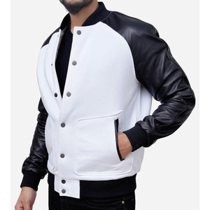 Chaqueta Varsity para Hombre Icecream, Blanca y Negra, de Cuero PU, con Letras Bordadas, Cuello Camisero, Estilo Casual para Otoño - Product Image 5