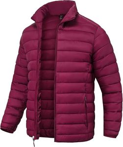 Blouson matelassé bordeaux pour homme à col montant, fermeture éclair, coupe-vent, hiver, décontracté, rembourrage polyester, coupe régulière - Product Image 2