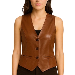 Chaleco de Mujer de Cuero Genuino y Lona, Estilo Formal, Corte Ajustado, Sin Mangas, Cuello en V, Botones Cubiertos, Prenda Exterior 2026 - Product Image 4