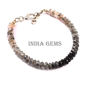 Adjustable Classic Style Black Rutile Quartz Rondelle Faceted Gemstone <b>Bracelet</b> with Beaded Jewelry Design - Product Image 1