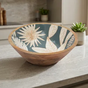 Handcrafted <b>Mango</b> <b>Wood</b> <b>Bowl</b> with Blue Floral Enamel Interior Decorative Wooden Serving <b>Bowl</b> Leaf Design Rustic Home Decor - Product Image 3