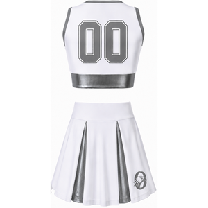 Ensemble d'uniforme de cheerleading sublimé blanc et gris sans manches, haut court et jupe, tenue de sport personnalisée pour l'entraînement et la performance - Product Image 2