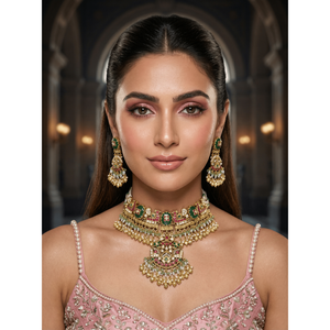 Indian Bridal Gold Plated Anvi Pachi Kundan Choker Earring Set - Product Image 1