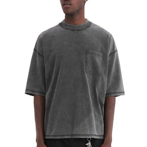 Oversized <b>Men's</b> Gray Cotton Casual <b>Shirt</b> Solid Color Washed Short Sleeve Summer Knitted Plain Dyed Style <b>Collarless</b> - Product Image 4