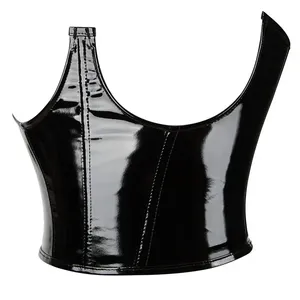 Corset noir en cuir verni pour femme, à lacets au dos, en PVC brillant, style gothique, sous-poitrine, amincissant et sculptant, ensemble robe d'Halloween - Product Image 2