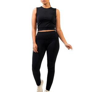 Women's Black Ribbed 2 Piece Yoga Set High Waist <b>Leggings</b> <b>Crop</b> Top Sleeveless Seamless Sweat Wicking Activewear - Product Image 1