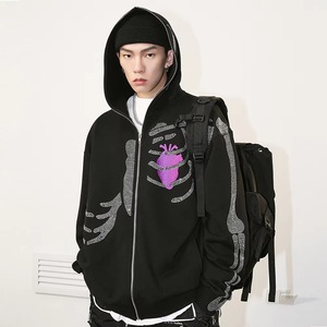 Sudadera con capucha negra con cremallera completa y diseño de esqueleto, con pedrería, estilo gótico oversize, streetwear, Y2K, punk - Product Image 1