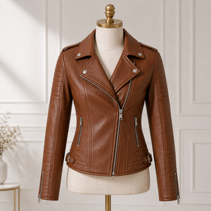 Veste moto en cuir véritable pour femme de haute qualité, marron, manches longues, fermeture éclair, col ouvert, style automne - Product Image 4
