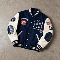 Blouson Bomber en Jean Personnalisé pour Homme, Style Varsity, Broderie Chenille, Manches en Cuir, Color Block, Streetwear, Séchage Rapide, Hiver