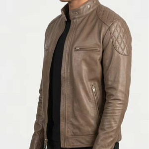Veste en cuir véritable pour homme, style Cafe Racer, épaules matelassées, coupe ajustée, style motard, col montant élégant - Product Image 1