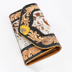 Portefeuille vintage à trois volets en cuir de vachette bohème pour dames outillé à la main RFID protégé aimant fermeture à rabat accessoire de robe d'été - Product Image 5