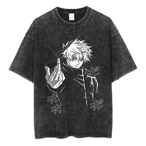 เสื้อยืดโอเวอร์ไซส์สีดำลายพิมพ์ตัวการ์ตูนอนิเมะ แขนสั้น คอกลม สไตล์สตรีท ผ้าฝ้ายฟอกสี - Product Image 1