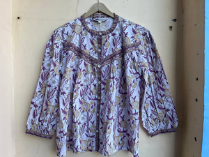 Blusa de Algodón Hecha a Mano, Top de Algodón Estampado a Mano con Cuello Redondo y Manga Larga, Tops para Mujer, Regalo para Ella - Product Image 4