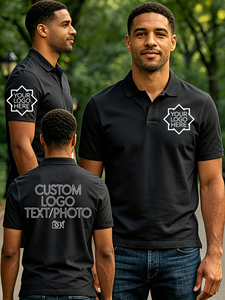 Customizable Men's Black for Shirt Short Sleeve Solid Cotton Knitted Fabric Front Logo Casual Breathable Regular Fit China ODM - Product Image 2