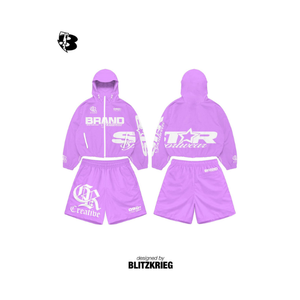 Purple Sportwear Windbreaker Set | Oversized <b>Zip</b> Hoodie Jacket & Shorts| Star Creative Streetwear Matching Set OEM Private Label - Product Image 1