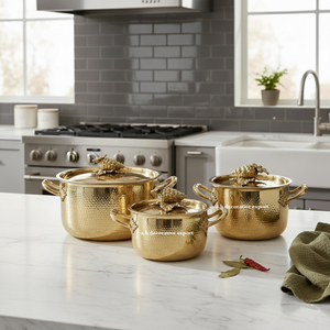 ชุดเครื่องครัวสเตนเลสสตีล 3 ชิ้น ดีไซน์หรูหรา พร้อมฝาปิดลายองุ่นสีทอง  สำหรับใช้กับเตาแก๊ส เป็นมิตรต่อสิ่งแวดล้อม - Product Image 5